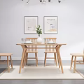 Light Wood Dining Table Set With Four Chairs White Plates And Green Plant 3d model