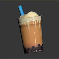 Layered Orange Bubble Tea With Tapioca Pearls Cream Top And Blue Straw