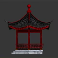 Traditional Chinese Pavilion With Red Pillars Black Tiled Roof Red Finial And Carved Railings