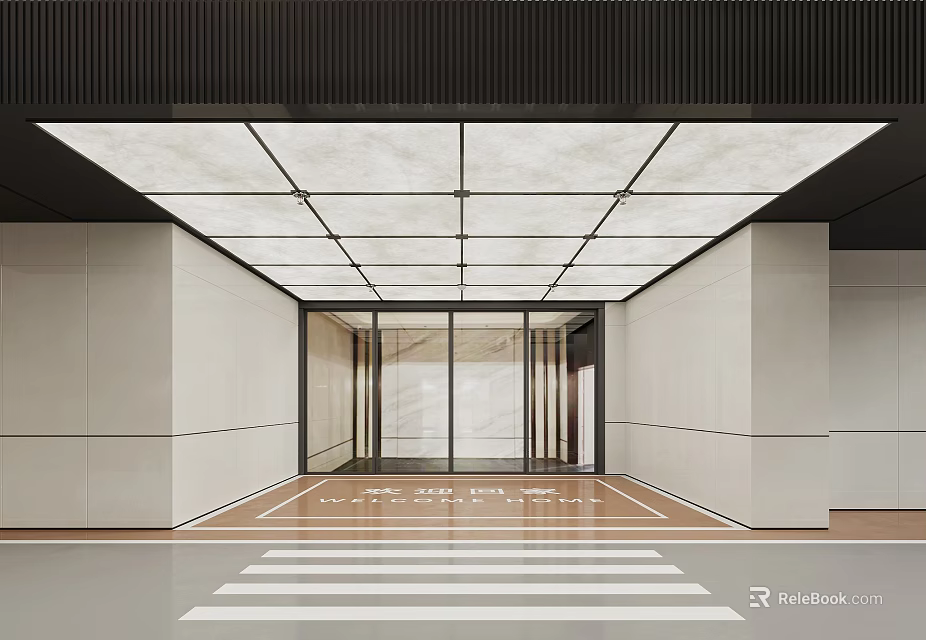 Modern Elegant Elevator Lobby Interior With Luminous Grid Ceiling And Polished Marble Walls And Flooring 3d model 