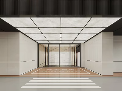 Modern Elegant Elevator Lobby Interior With Luminous Grid Ceiling And Polished Marble Walls And Flooring 3d model