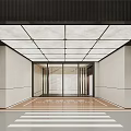 Modern Elegant Elevator Lobby Interior With Luminous Grid Ceiling And Polished Marble Walls And Flooring