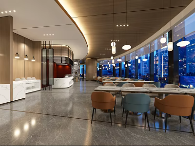 Modern Restaurant Interior Design With Tables Chairs City Night View And Elegant Lighting 3d model