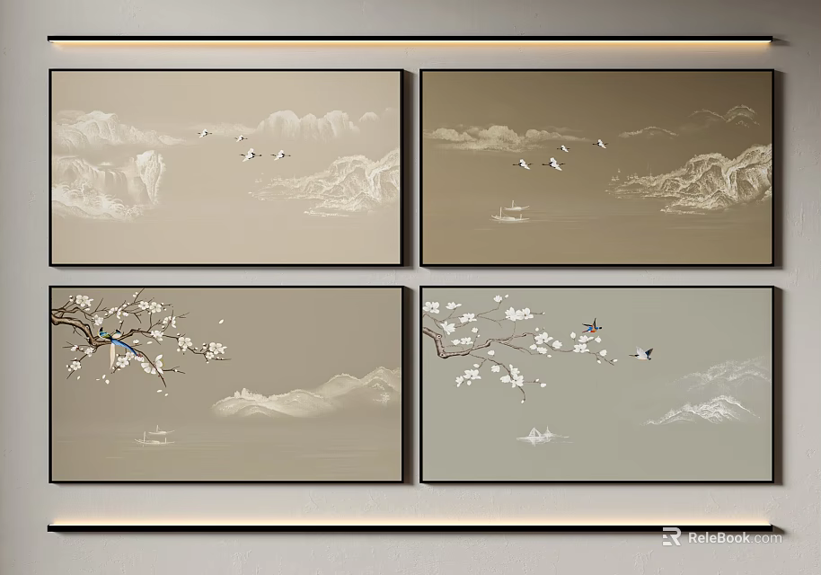 Traditional Chinese Landscape Paintings With Plum Blossoms Flying Birds And Beige Background 3d model 