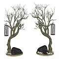 Arbor Trees With Curved Trunks Hanging Lanterns And White Pebbles At Base 3d model