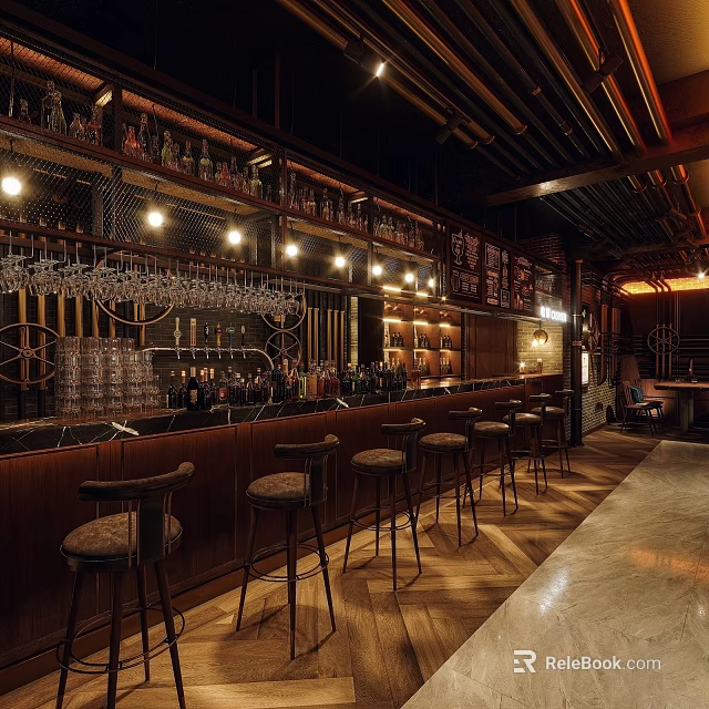 Modern Bar Interior Design With Wooden Counter Bar Stools And Hanging Wine Glasses 3d model 