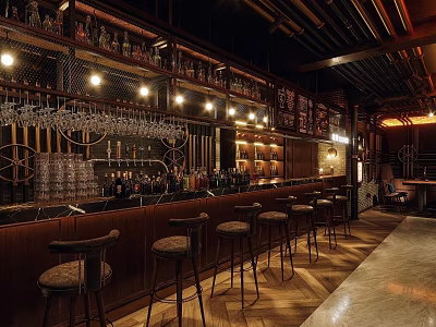 Modern Bar Interior Design With Wooden Counter Bar Stools And Hanging Wine Glasses 3d model