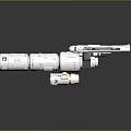 White Modular Spacecraft Model With Attached Thrusters And Gray Reflective Background