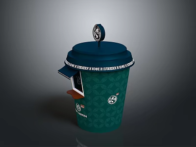 Teal Coffee Cup With Decorative Lid Patterned Body And Text Sleeve 3d model