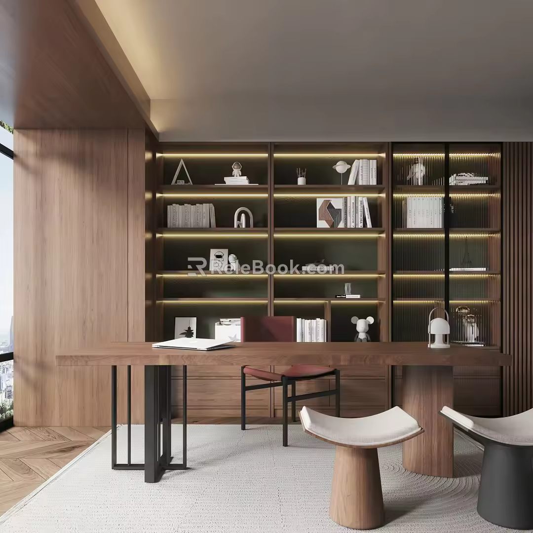 Modern Desk and Chair Middle Ancient Bookcase Bookshelf Desk 3d model