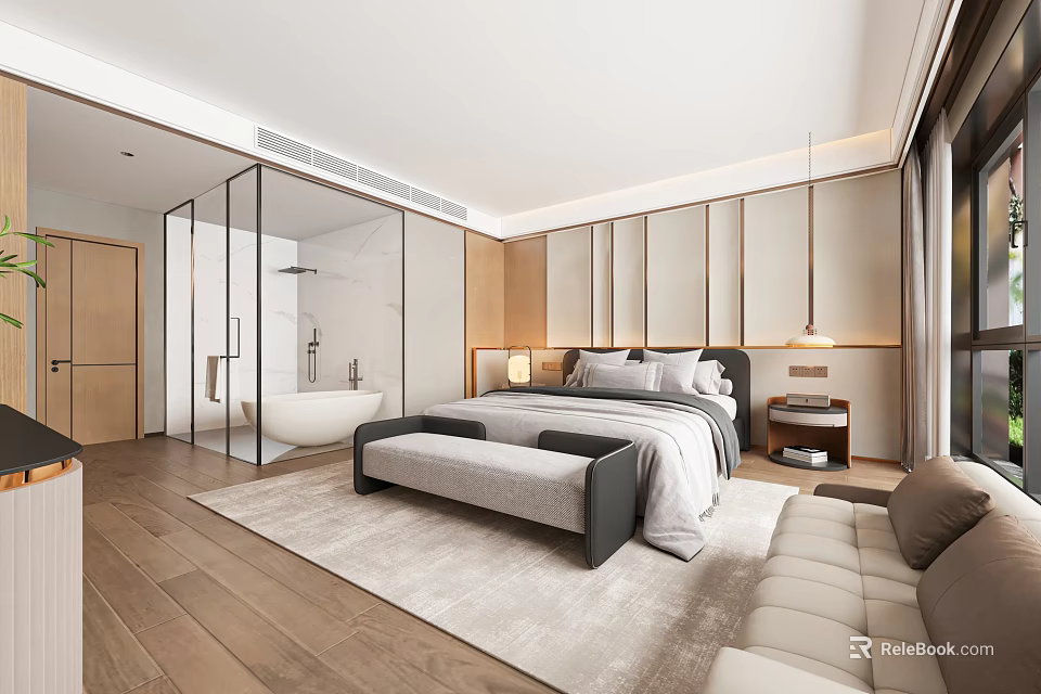 Modern Hotel Guest Room With Bed Sofa Bathtub Glass Partition And Wooden Flooring 3d model 