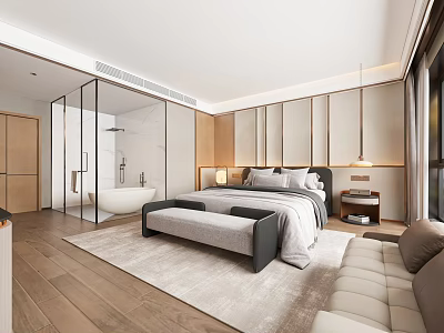 Modern Hotel Guest Room With Bed Sofa Bathtub Glass Partition And Wooden Flooring 3d model
