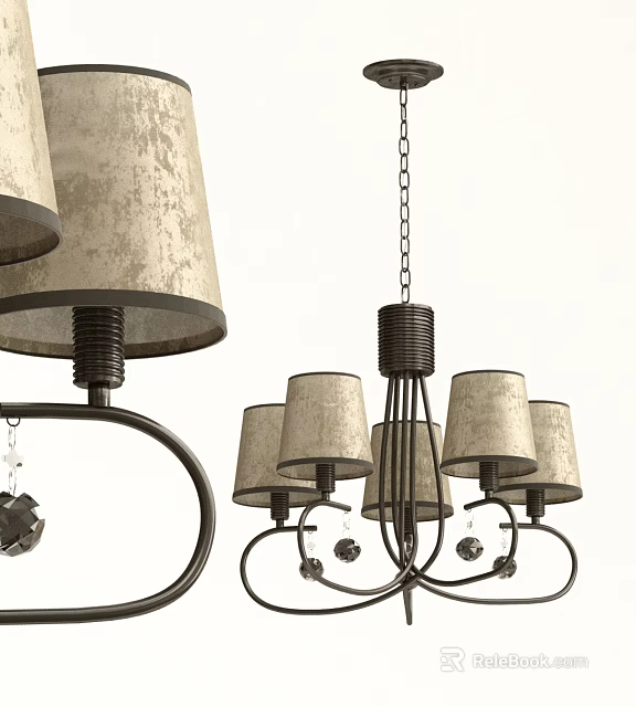Vintage Chandelier With Multiple Fabric Shades Metal Frame And Hanging Chain 3d model 