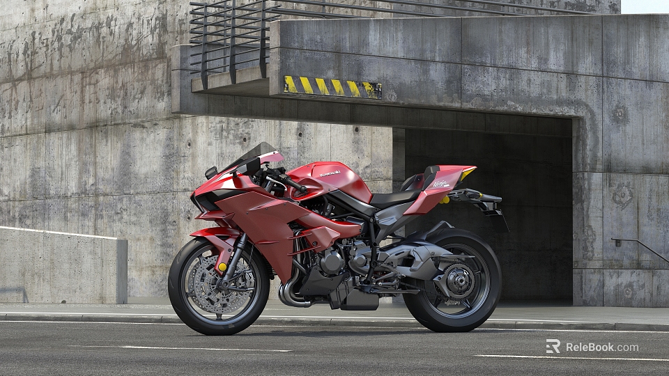 Red Sports Motorcycle Parked On Roadside By Concrete Tunnel Entrance With Yellow Stripes 3d model 