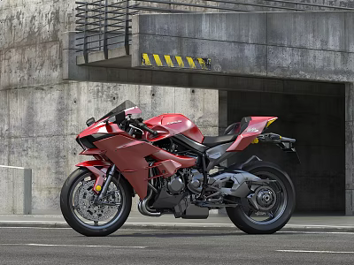 Red Sports Motorcycle Parked On Roadside By Concrete Tunnel Entrance With Yellow Stripes 3d model