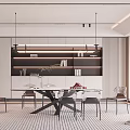 Modern Restaurant Interior With Dining Table Chairs Hanging Lights Striped Rug And Wall Decor