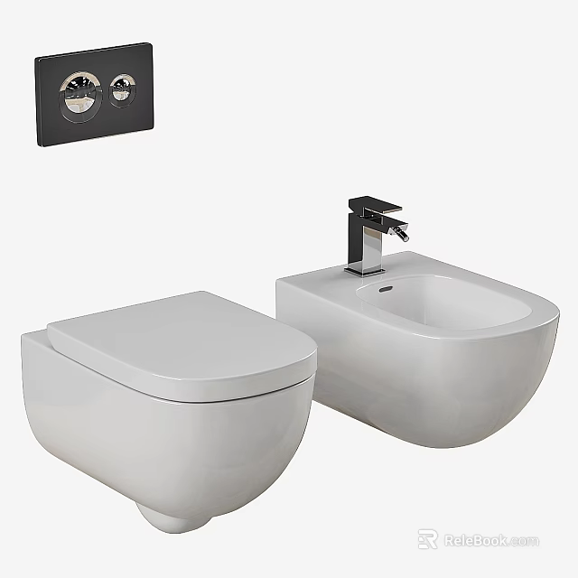 Modern White Toilet With Washbasin Faucet And Wall Mounted Flush Panel 3d model 