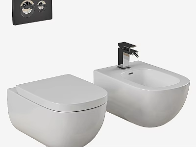Modern White Toilet With Washbasin Faucet And Wall Mounted Flush Panel 3d model
