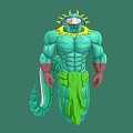 Muscular Green Dragon Character With Yellow Horns Sun Collar And Blue Dots