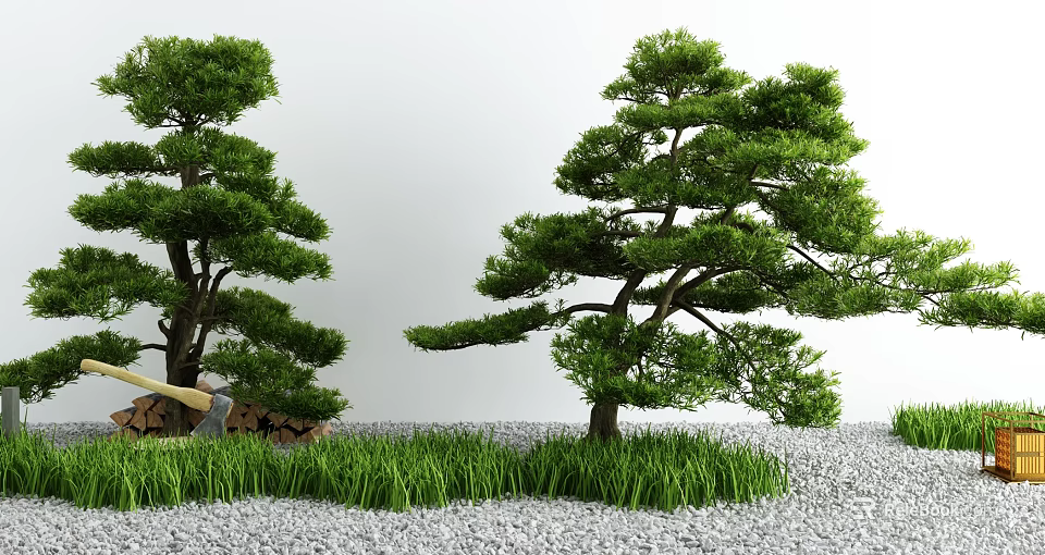 Garden Courtyard with Two Pine Trees Green Grass Gray Gravel and Small Statue 3d model 