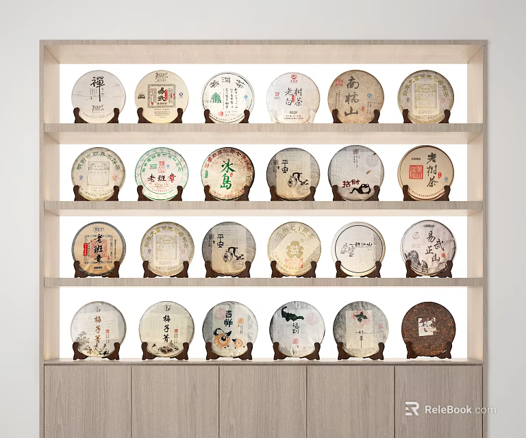 Traditional Tea Ware Display Shelf With Multiple Layers Holding Round Tea Cakes And Various Designs 3d model
