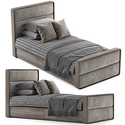 Elegant Single Bed With Gray Striped Sheet Velvet Headboard Wooden Frame And Cozy Pillows 3d model