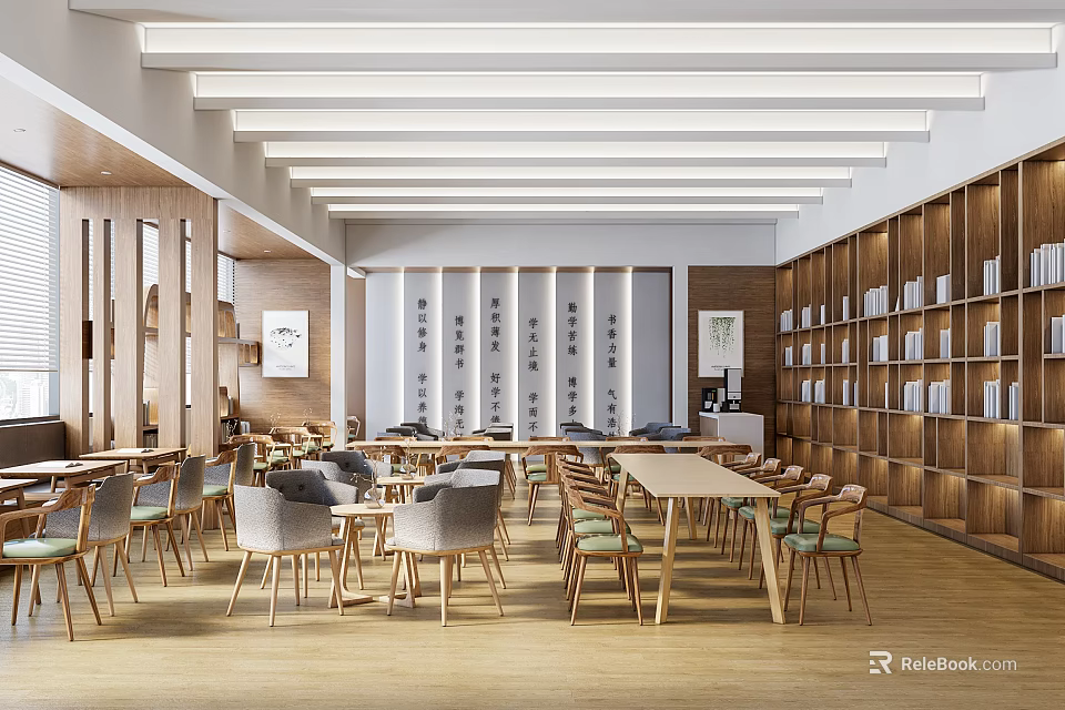 Book Art Modern Reading Space Interior With Wooden Bookshelves Tables And Lighting 3d model 