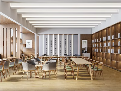 Book Art Modern Reading Space Interior With Wooden Bookshelves Tables And Lighting 3d model