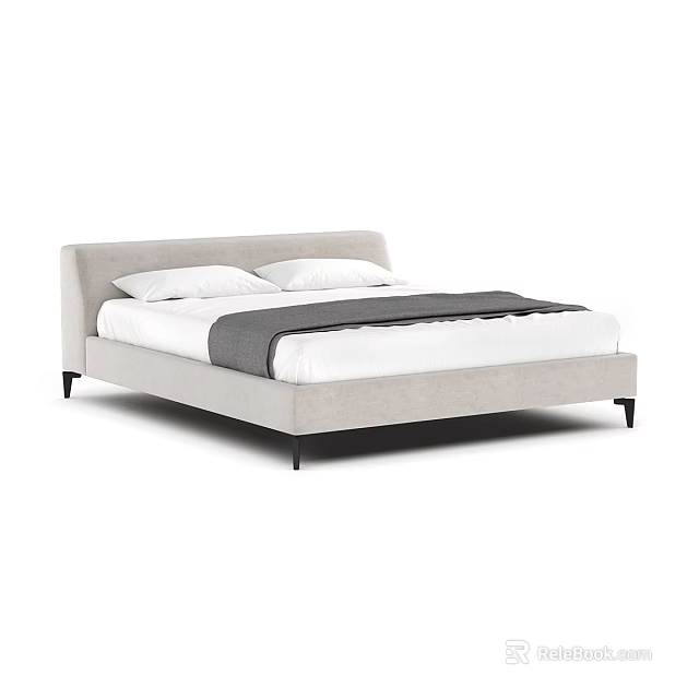 Modern Light Gray Upholstered Double Bed With White Pillows Gray Throw Blanket Black Legs 3d model 