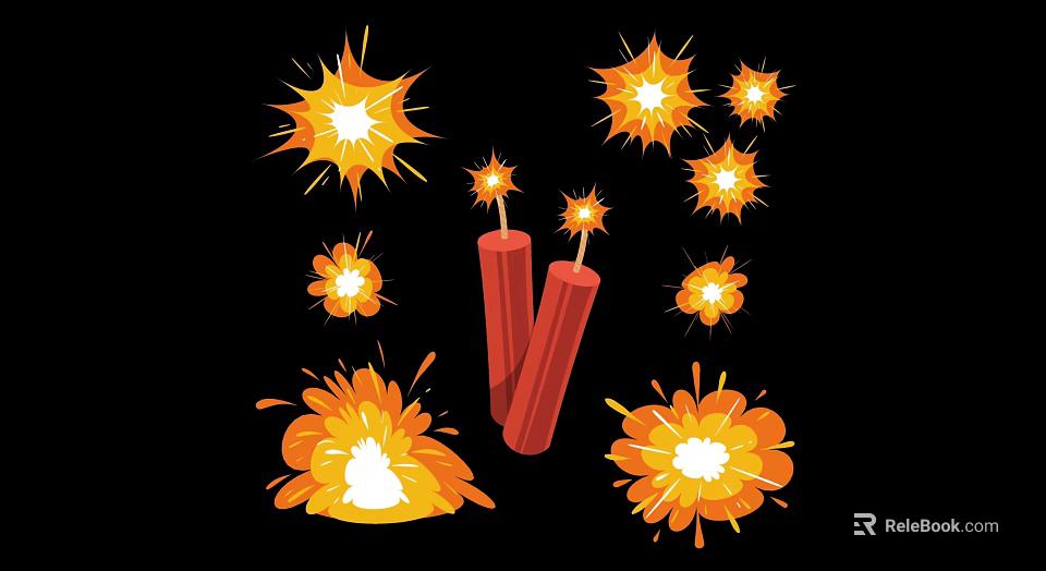 Vibrant Firecracker And Explosion Silhouette With Orange Yellow Sparks On Black Background 3d model 