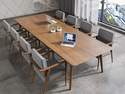 Modern Conference Room Interior With Long Wooden Table Gray Chairs Laptop Potted Plants And Window 3d model