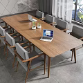Modern Conference Room Interior With Long Wooden Table Gray Chairs Laptop Potted Plants And Window