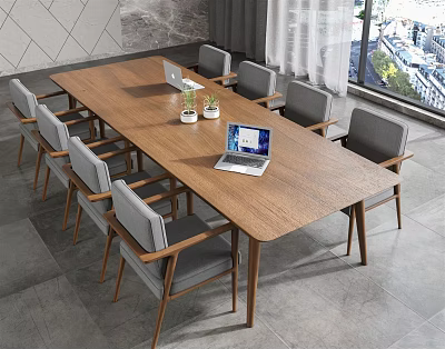 Modern Conference Room Interior With Long Wooden Table Gray Chairs Laptop Potted Plants And Window 3d model