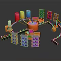 Vibrant Cartoon Factory Scene with Colorful Containers Orange Machinery and Purple Shelves