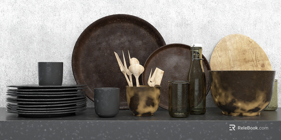 Kitchen Utensils Collection Featuring Ceramic Plates Wooden Spoons And Glass Jars On Countertop 3d model 