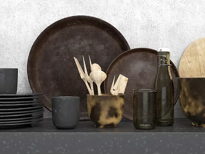 Kitchen Utensils Collection Featuring Ceramic Plates Wooden Spoons And Glass Jars On Countertop 3d model