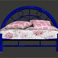Blue Metal Bed With Headboard White Mattress Pink Floral Pattern And Two Pink Checkered Pillows