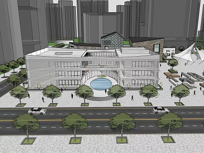 Modern Commercial Complex With Central Plaza Fountain Surrounding Trees And Street Vehicles 3d model