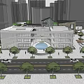 Modern Commercial Complex With Central Plaza Fountain Surrounding Trees And Street Vehicles