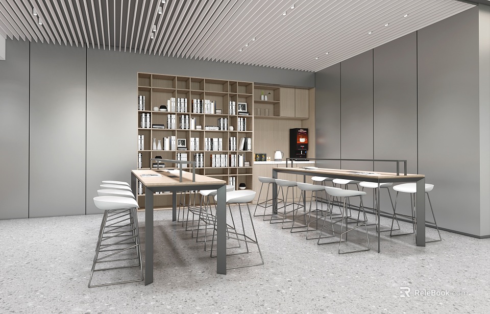 Modern Bar Area With Tables Stools Bookshelves And Coffee Machine 3d model 