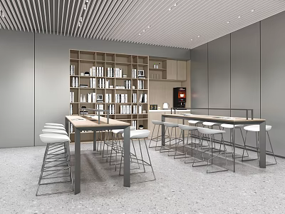 Modern Bar Area With Tables Stools Bookshelves And Coffee Machine 3d model