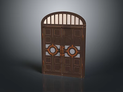 Classic Wooden Double Door With Arched Top And Circular Decorations For Home Entrance 3d model
