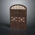 Classic Wooden Double Door With Arched Top And Circular Decorations For Home Entrance