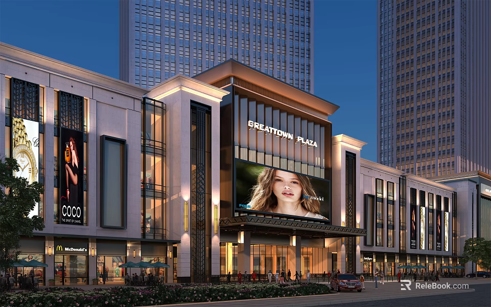 Grandstone Plaza Commercial Complex Modern Facade With Large LED Screen Skyscrapers And Evening Lighting 3d model 