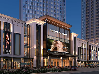 Grandstone Plaza Commercial Complex Modern Facade With Large LED Screen Skyscrapers And Evening Lighting 3d model