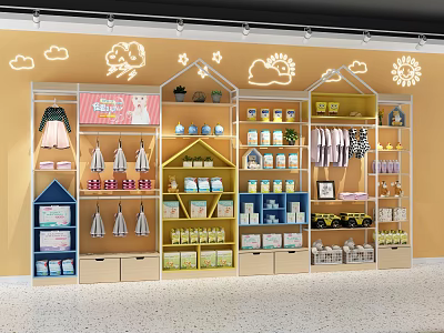 Colorful Display Shelves In Kids Store With Toys Clothes And Organized Products 3d model