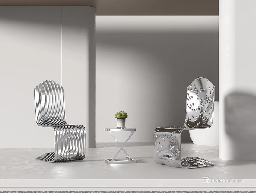 Modern Metallic Table And Chair Set With Sleek Lines And Small Potted Plant 3d model 