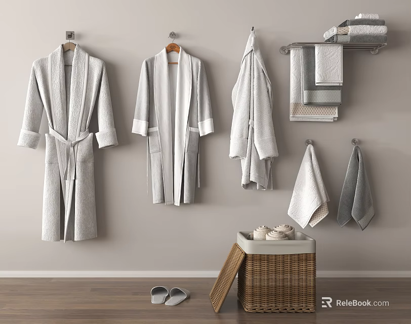 Elegant Bathroom Display With Towels Bathrobes Slippers And Woven Basket 3d model 