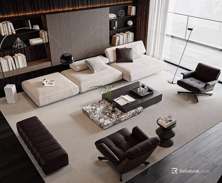 Modern Living Room With Beige L Shaped Sofa Marble Coffee Table And Black Leather Armchairs 3d model 