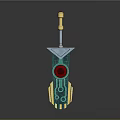 Futuristic Green And Gold Weapon With Red Circular Detail And Golden Tip Base Design